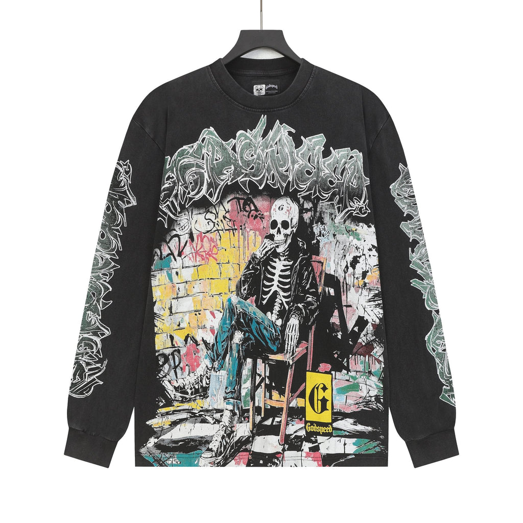 Godspeed Washed Black Skeleton Graphic Long-Sleeve T-Shirt