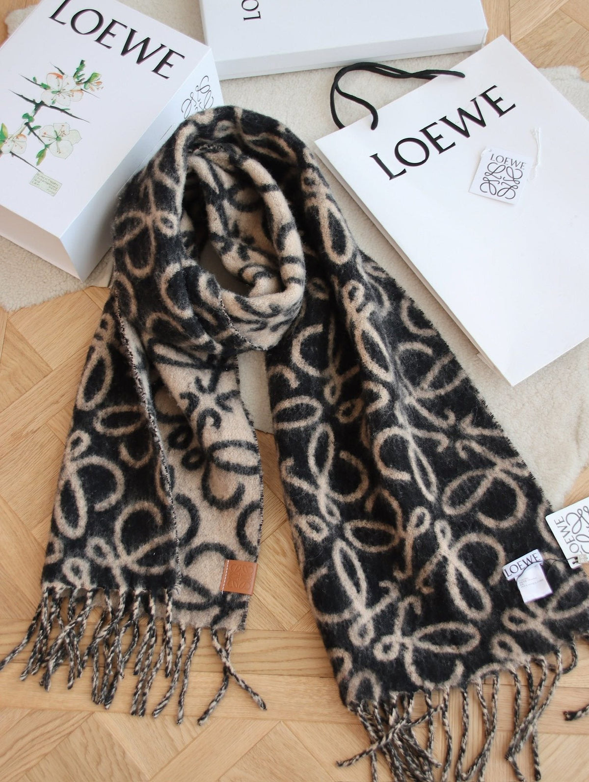 Loewe Black & Tan Motif Fringe Scarf