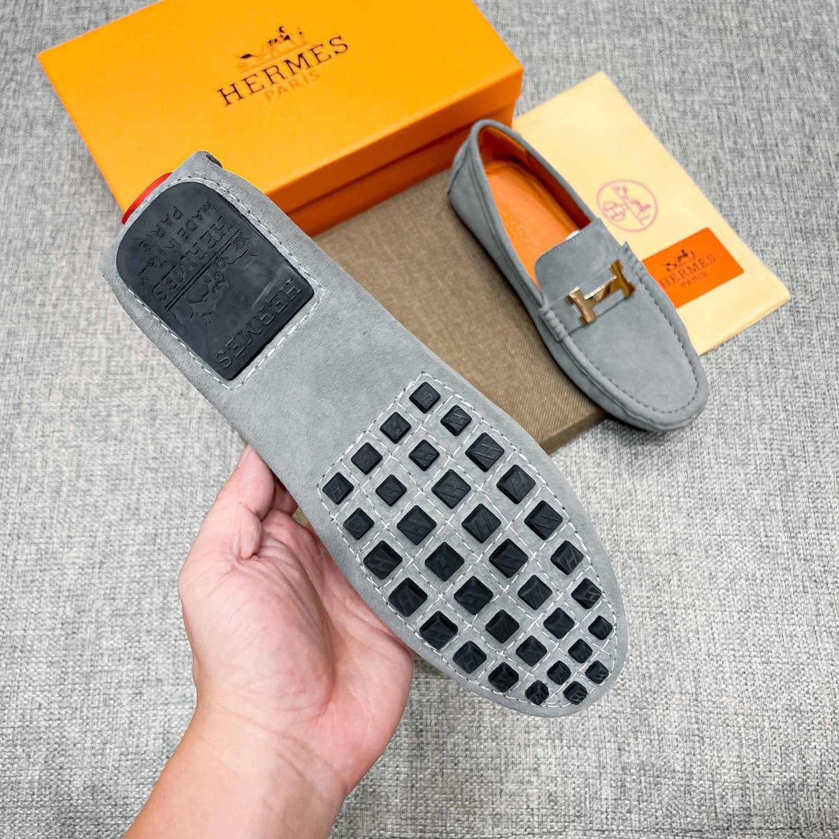 Hermès Men's Light Gray Suede Driving Loafers