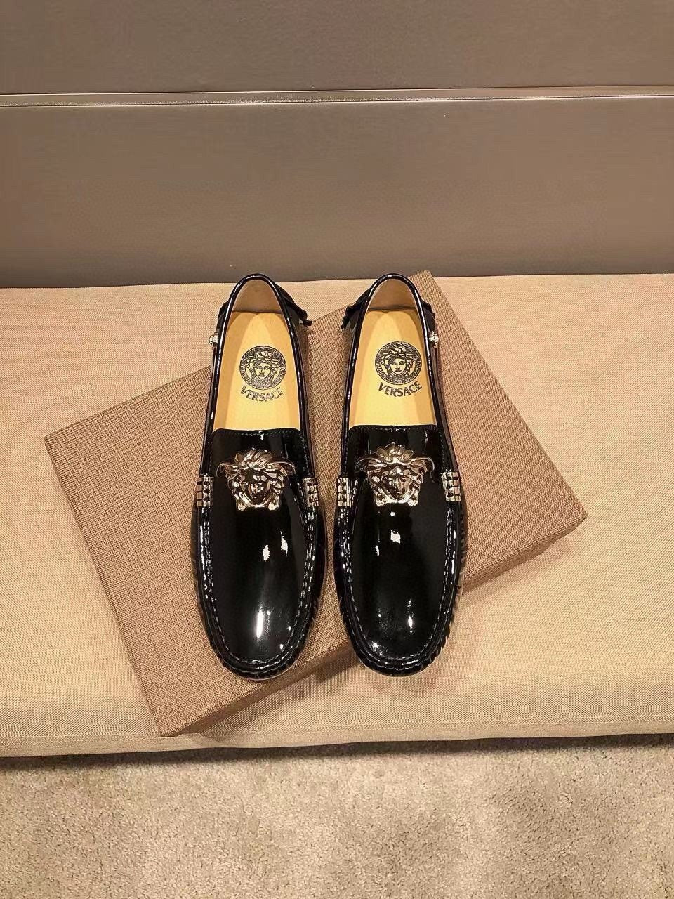 Versace Men's Black Patent Leather Medusa-Style Loafers