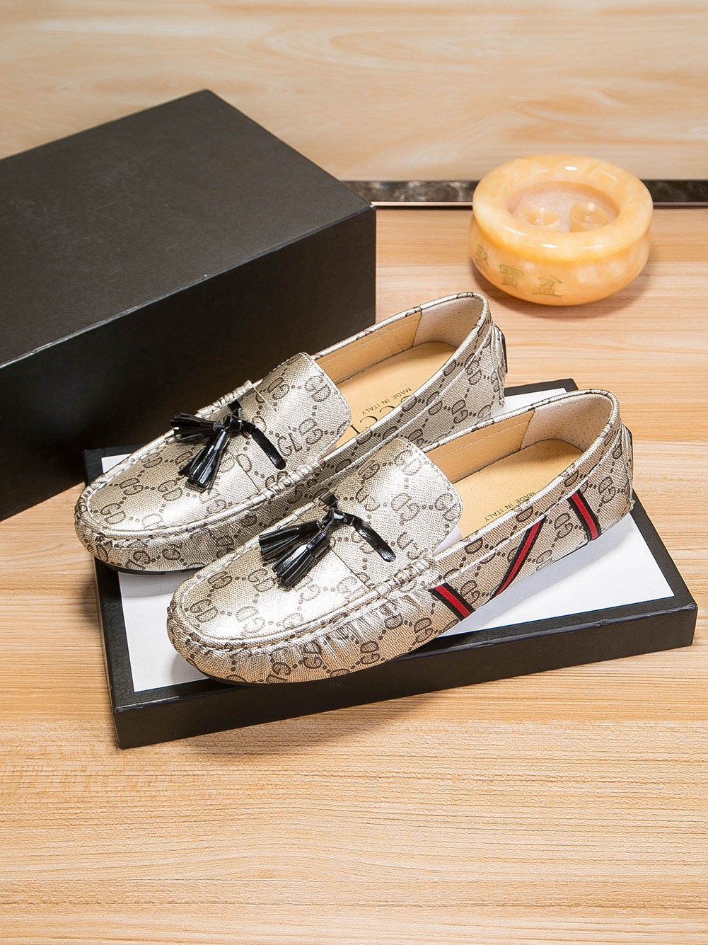 Gucci Monogram Stripe Tassel Loafers
