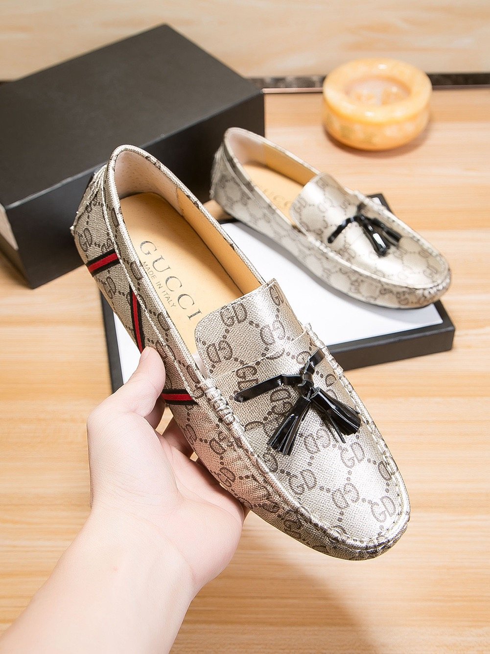 Gucci Monogram Stripe Tassel Loafers