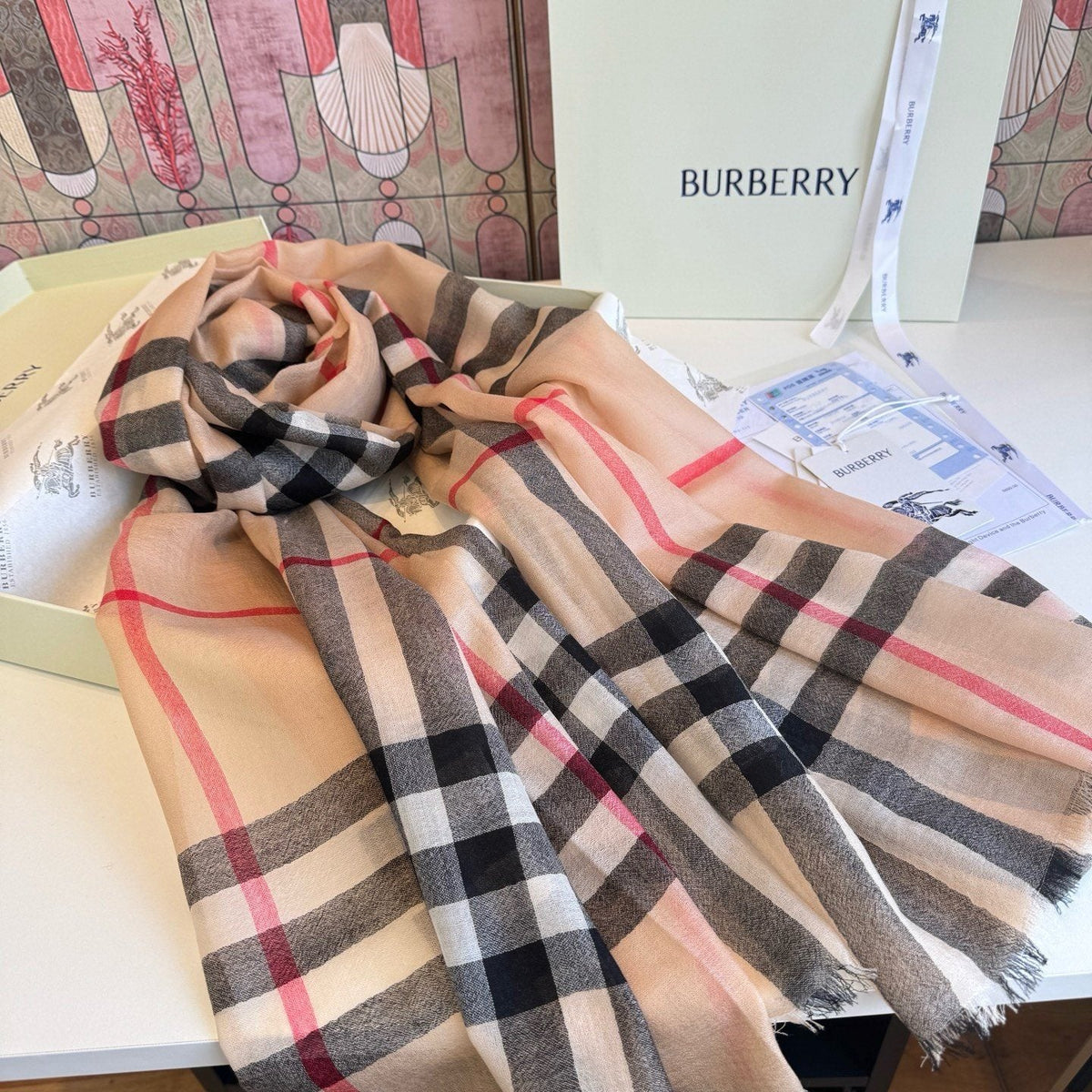 Burberry Camel Beige Plaid Scarf