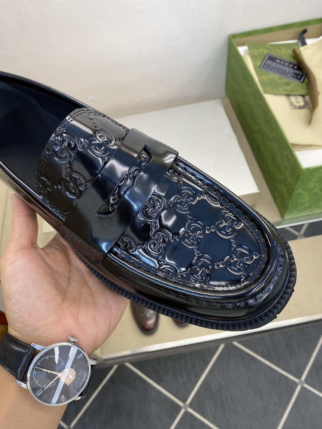 Gucci Men's Black Embossed Lug Sole Loafers