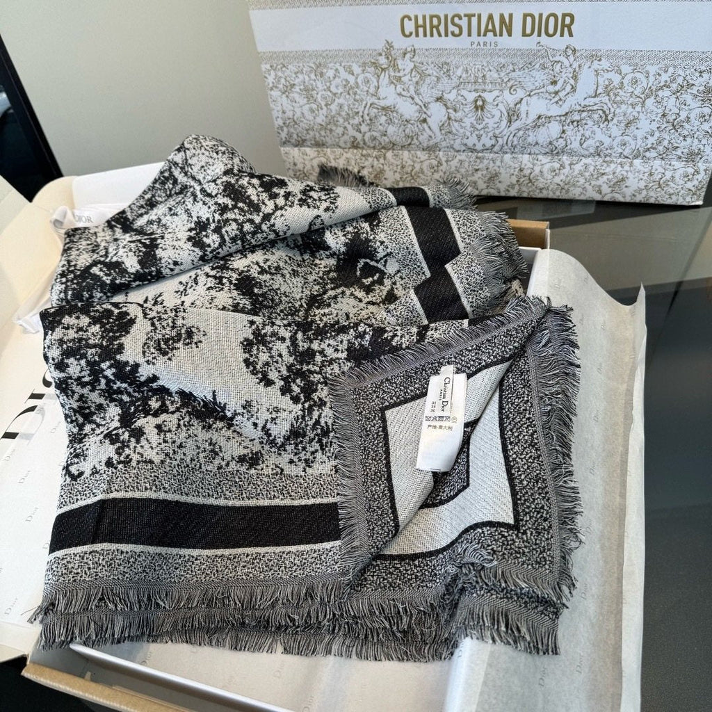 Dior Toile Print Fringe Square Scarf